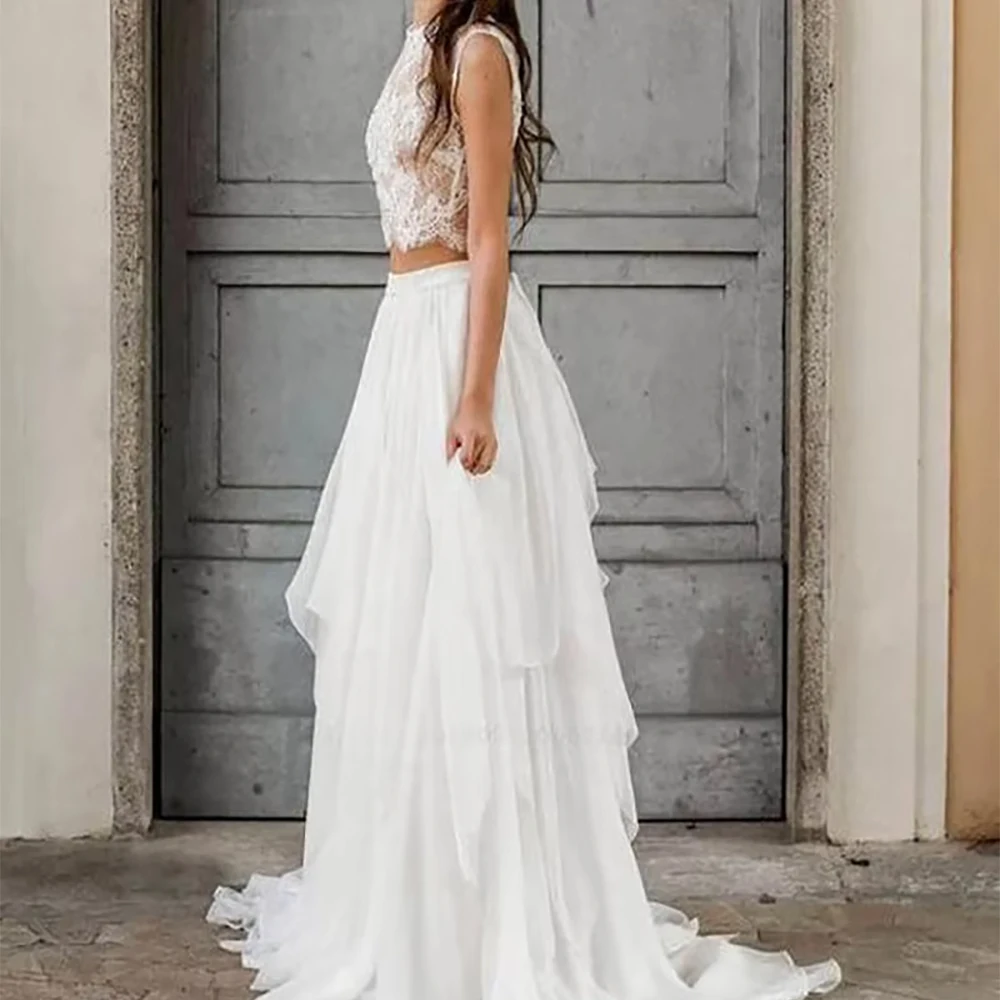 Sexy Two Piece Lace Wedding Dress Boho Beach Bridal Gowns Sleeveless Crop Top Chiffon Skirt Floor Length Backless Robe De Noiva