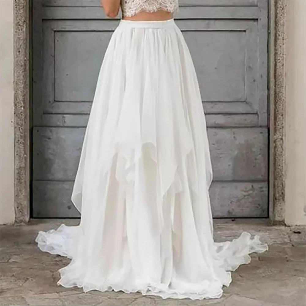Sexy Two Piece Lace Wedding Dress Boho Beach Bridal Gowns Sleeveless Crop Top Chiffon Skirt Floor Length Backless Robe De Noiva