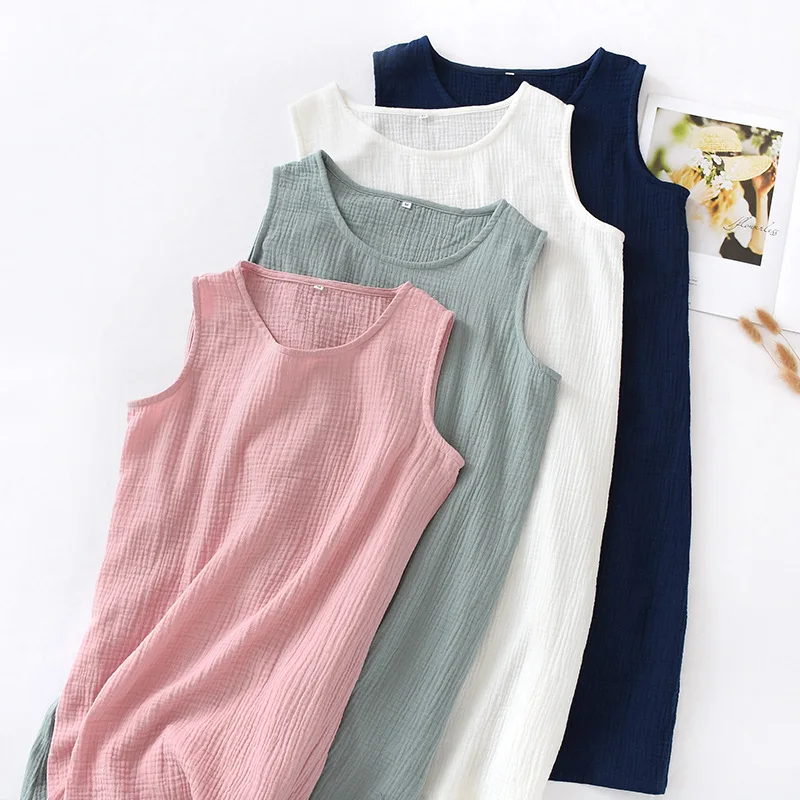 New Summer Ladies Cotton Crepe Cloth Nightdress Sleeveless Dress Solid Color Plus Size Loose Vest Skirt Furniture Skirt Women