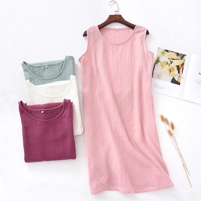 New Summer Ladies Cotton Crepe Cloth Nightdress Sleeveless Dress Solid Color Plus Size Loose Vest Skirt Furniture Skirt Women