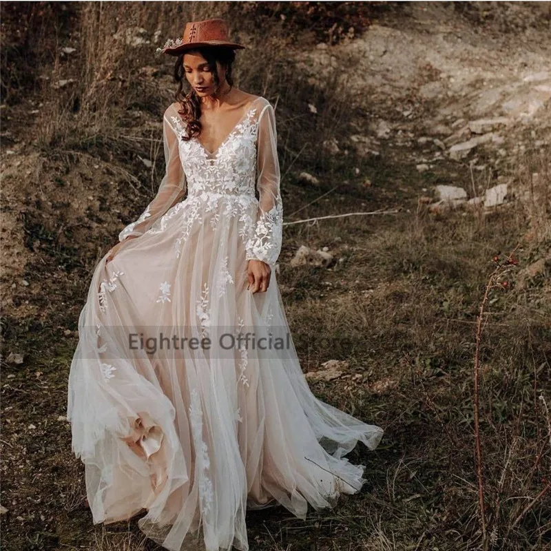 Eightree Vintage Boho Wedding Dresses Long Sleeve Lace Long Bride Dress Beach Wedding Gowns V Neck Sukienka Na Wesele Customized