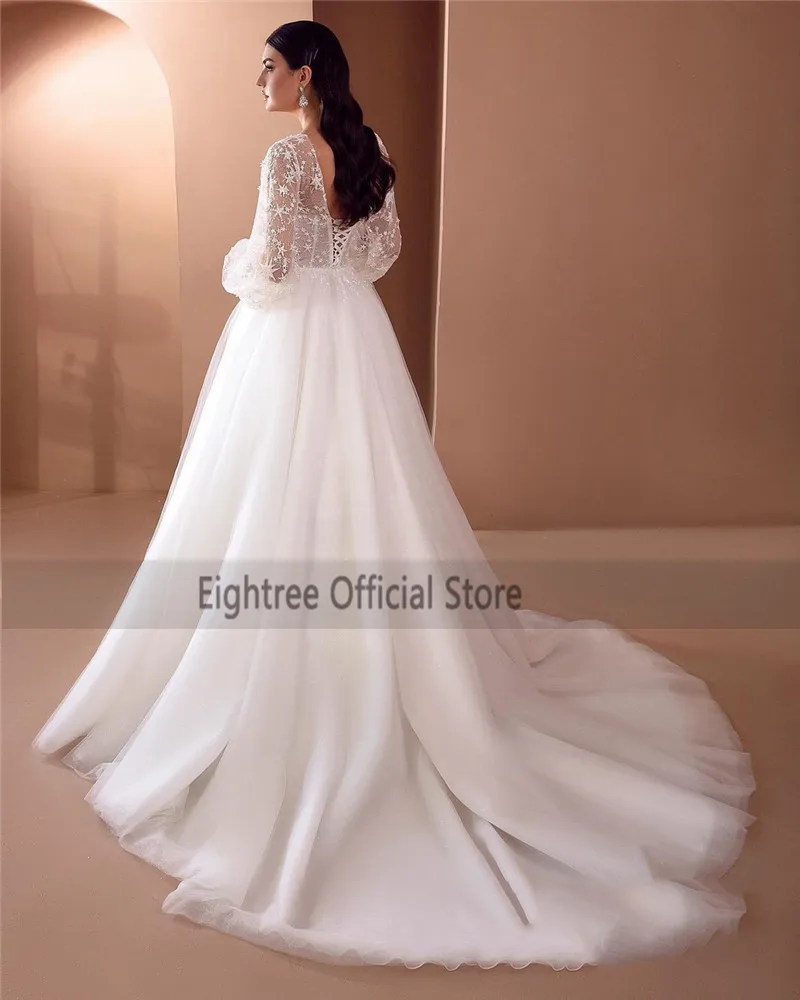 Eightree Vintage Starry Long Sleeve Wedding Dress Lace Vestidos de Noiva Bridal Dresses Sweep Train Wedding Gowns Customized