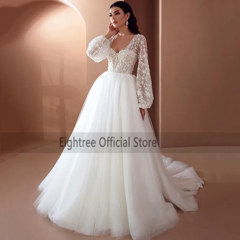 Eightree Vintage Starry Long Sleeve Wedding Dress Lace Vestidos de Noiva Bridal Dresses Sweep Train Wedding Gowns Customized