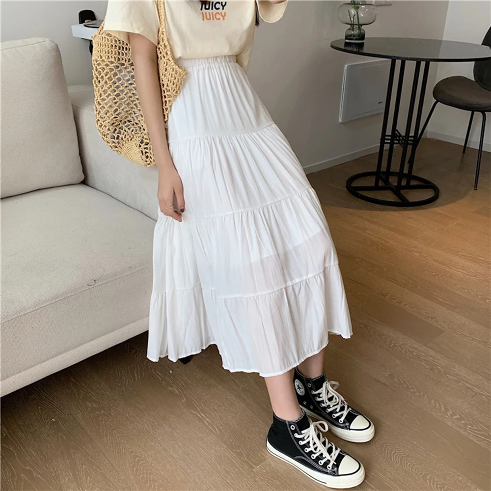 Spring Summer Women Chiffon Skirts Vintage High Waist Elastic Patchwork White Black Chic Long Cake A-line Skirt for Student