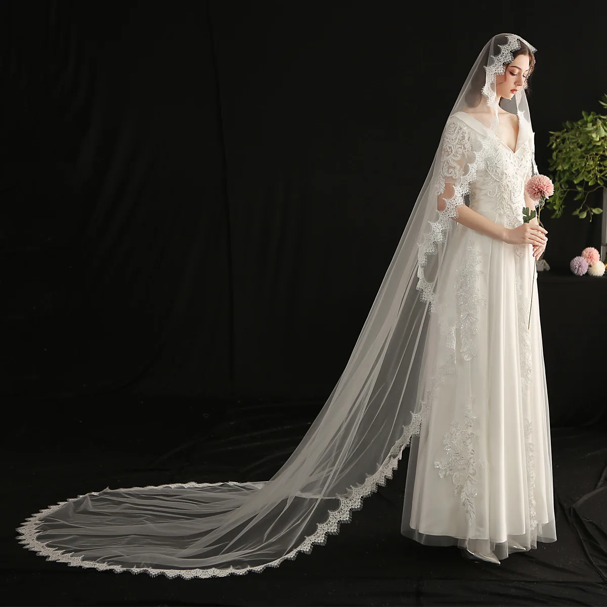 One Layer Full Edge with Eye Lash Lace Wedding Veil 3M 4M With Comb Elegant Long Bridal Veil