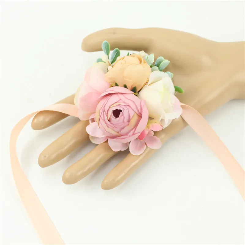 Meldel Corsage Groom Boutonniere Pin Bridal Wrist Corsage Champagne Blue Bridesmaid Bracelet Men Prom Wedding Flower Accessories