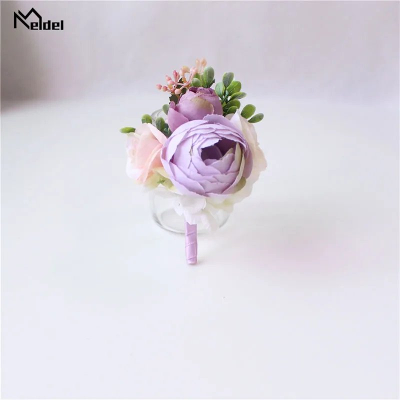 Meldel Corsage Groom Boutonniere Pin Bridal Wrist Corsage Champagne Blue Bridesmaid Bracelet Men Prom Wedding Flower Accessories
