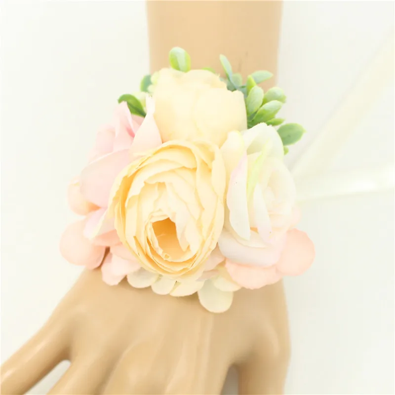 Meldel Corsage Groom Boutonniere Pin Bridal Wrist Corsage Champagne Blue Bridesmaid Bracelet Men Prom Wedding Flower Accessories