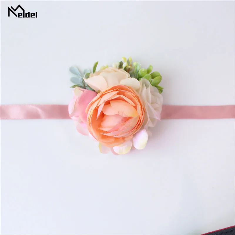 Meldel Corsage Groom Boutonniere Pin Bridal Wrist Corsage Champagne Blue Bridesmaid Bracelet Men Prom Wedding Flower Accessories