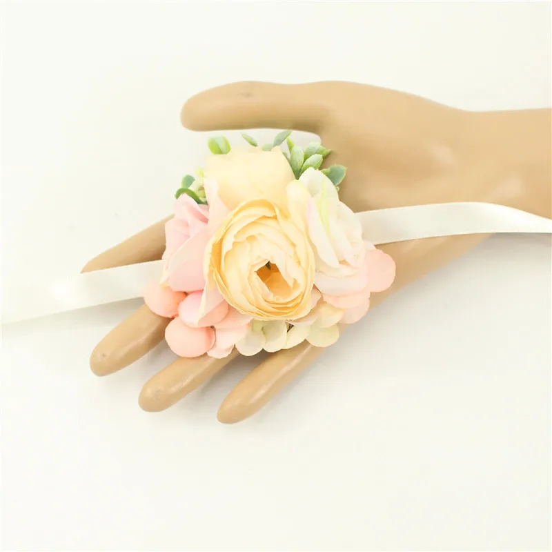 Meldel Corsage Groom Boutonniere Pin Bridal Wrist Corsage Champagne Blue Bridesmaid Bracelet Men Prom Wedding Flower Accessories
