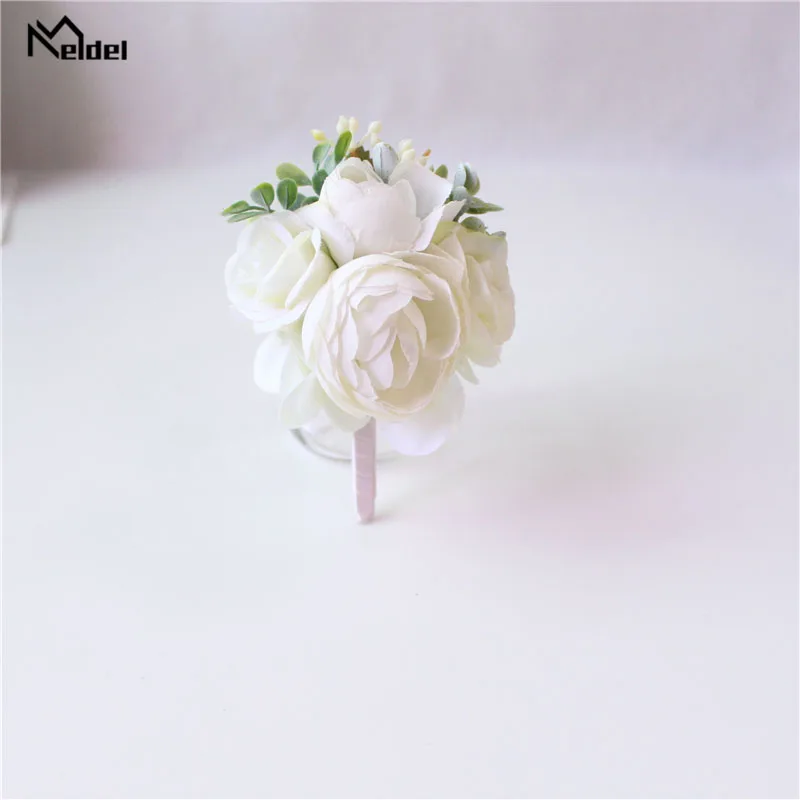 Meldel Corsage Groom Boutonniere Pin Bridal Wrist Corsage Champagne Blue Bridesmaid Bracelet Men Prom Wedding Flower Accessories