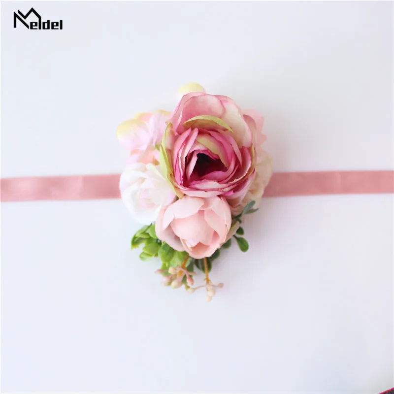 Meldel Corsage Groom Boutonniere Pin Bridal Wrist Corsage Champagne Blue Bridesmaid Bracelet Men Prom Wedding Flower Accessories