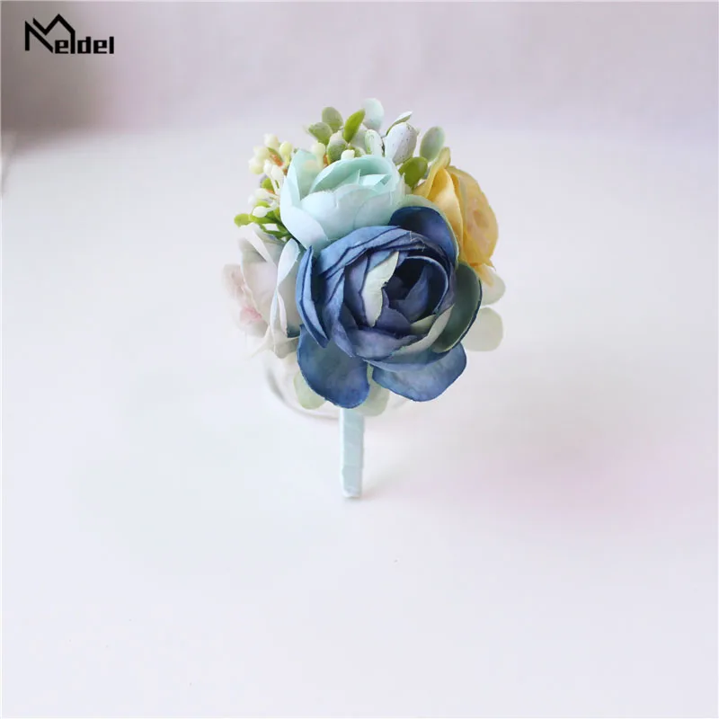 Meldel Corsage Groom Boutonniere Pin Bridal Wrist Corsage Champagne Blue Bridesmaid Bracelet Men Prom Wedding Flower Accessories