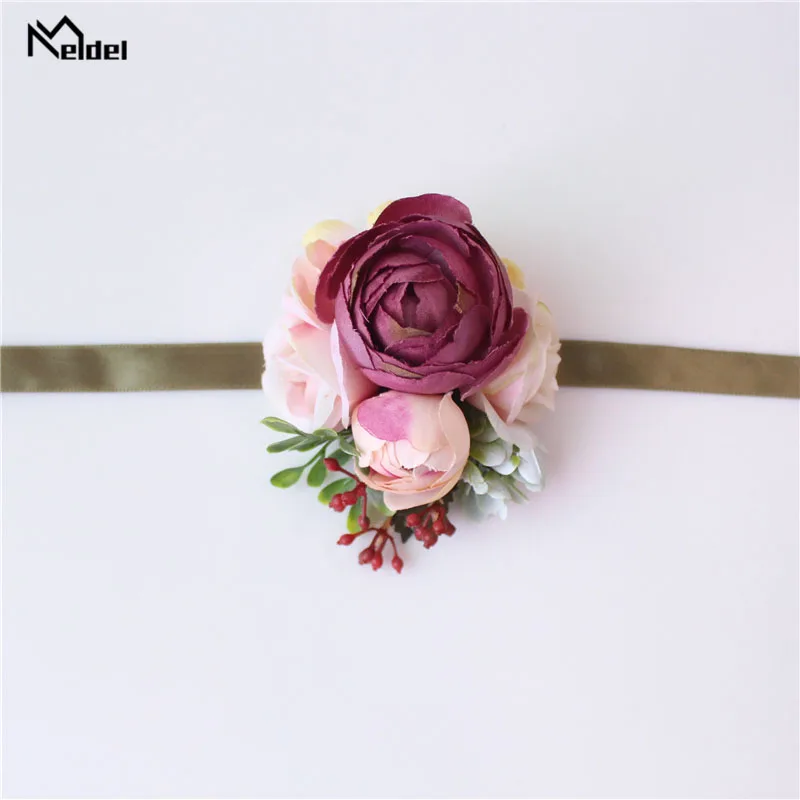 Meldel Corsage Groom Boutonniere Pin Bridal Wrist Corsage Champagne Blue Bridesmaid Bracelet Men Prom Wedding Flower Accessories