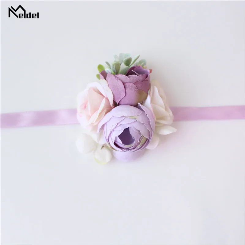 Meldel Corsage Groom Boutonniere Pin Bridal Wrist Corsage Champagne Blue Bridesmaid Bracelet Men Prom Wedding Flower Accessories
