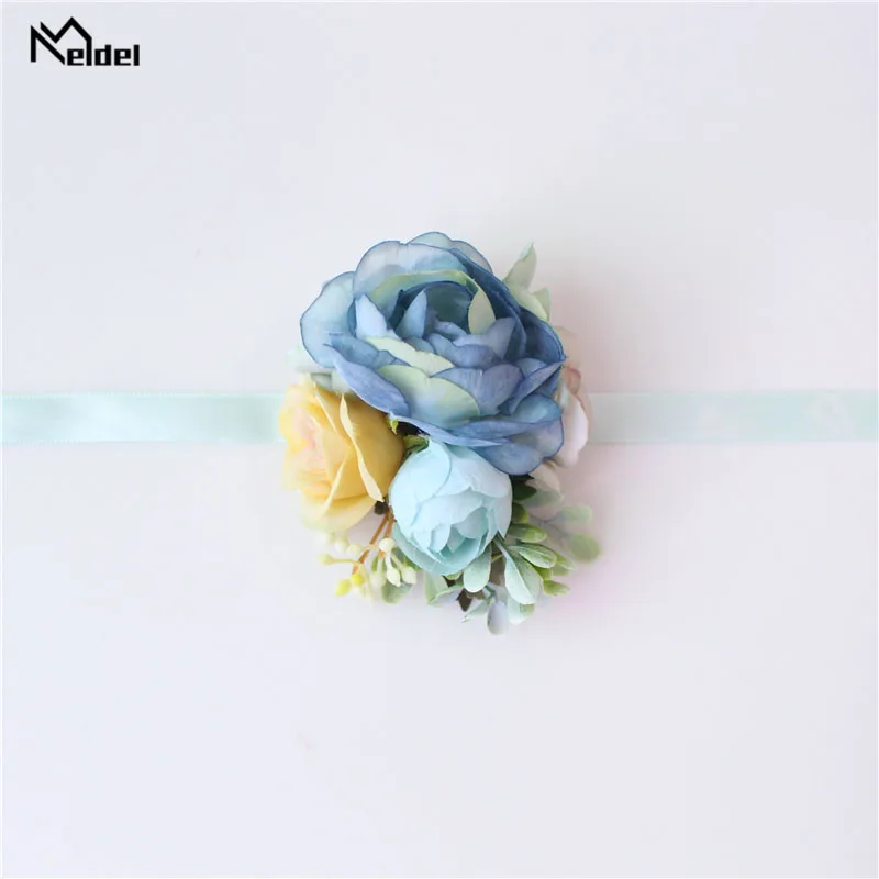 Meldel Corsage Groom Boutonniere Pin Bridal Wrist Corsage Champagne Blue Bridesmaid Bracelet Men Prom Wedding Flower Accessories