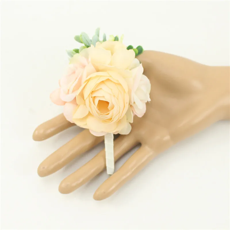 Meldel Corsage Groom Boutonniere Pin Bridal Wrist Corsage Champagne Blue Bridesmaid Bracelet Men Prom Wedding Flower Accessories