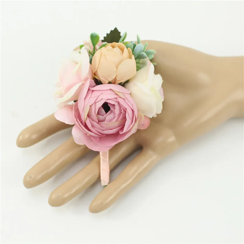 Meldel Corsage Groom Boutonniere Pin Bridal Wrist Corsage Champagne Blue Bridesmaid Bracelet Men Prom Wedding Flower Accessories