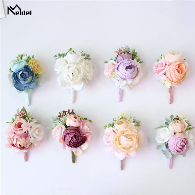 Meldel Corsage Groom Boutonniere Pin Bridal Wrist Corsage Champagne Blue Bridesmaid Bracelet Men Prom Wedding Flower Accessories