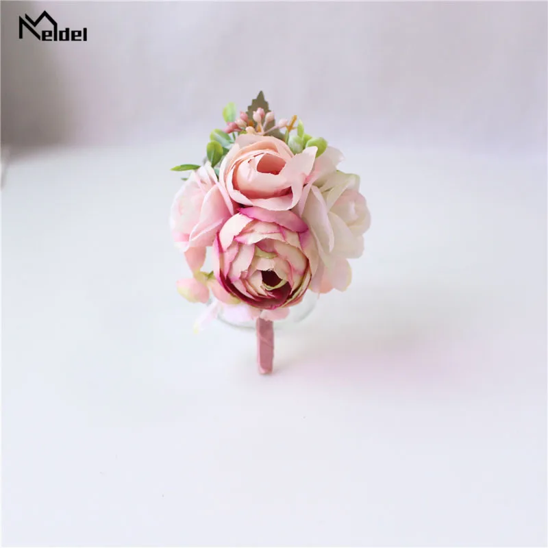 Meldel Corsage Groom Boutonniere Pin Bridal Wrist Corsage Champagne Blue Bridesmaid Bracelet Men Prom Wedding Flower Accessories