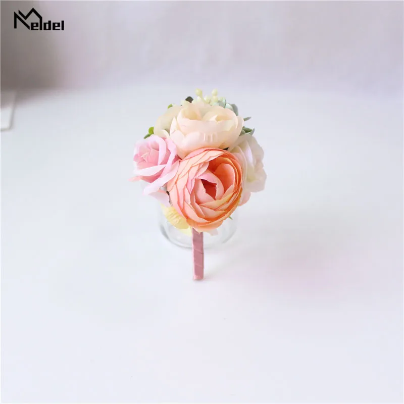 Meldel Corsage Groom Boutonniere Pin Bridal Wrist Corsage Champagne Blue Bridesmaid Bracelet Men Prom Wedding Flower Accessories