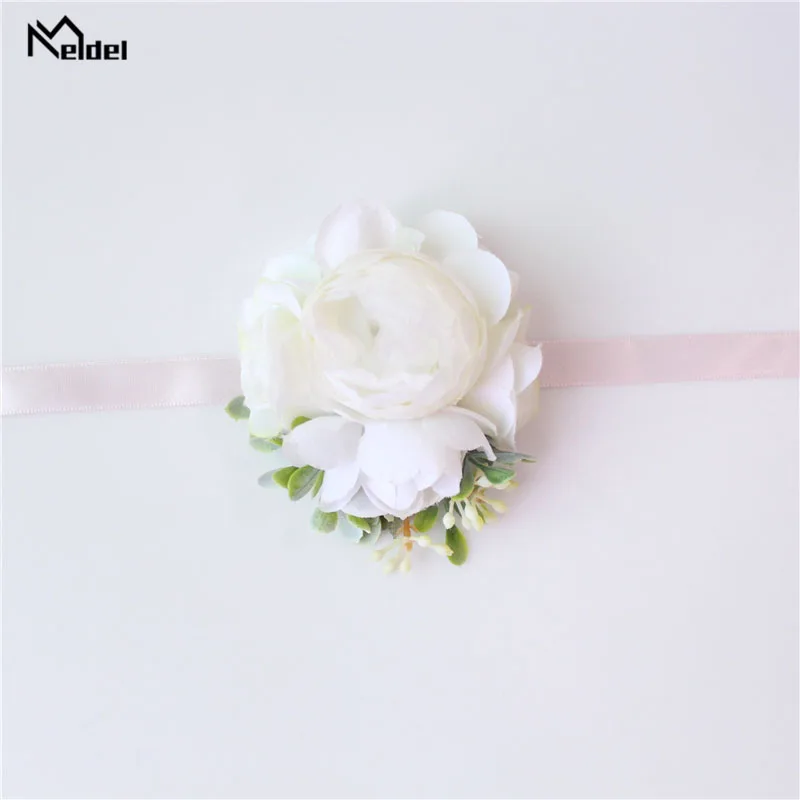 Meldel Corsage Groom Boutonniere Pin Bridal Wrist Corsage Champagne Blue Bridesmaid Bracelet Men Prom Wedding Flower Accessories