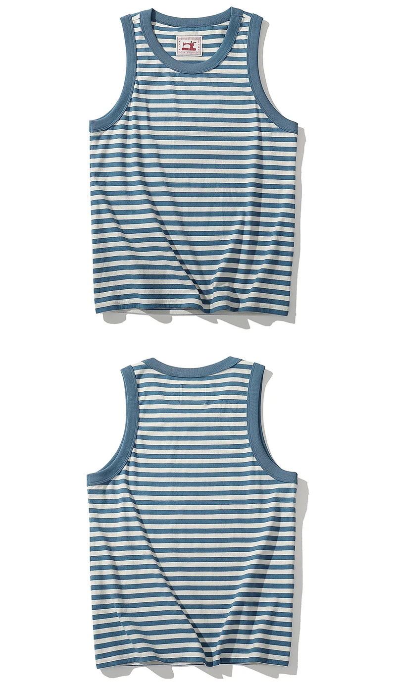 Amekaji Vintage Breton Striped Tank Top Summer Men Lightweight Cotton Color Block Crew Neck Loose Vest Sailor Sleeveless T-Shirt