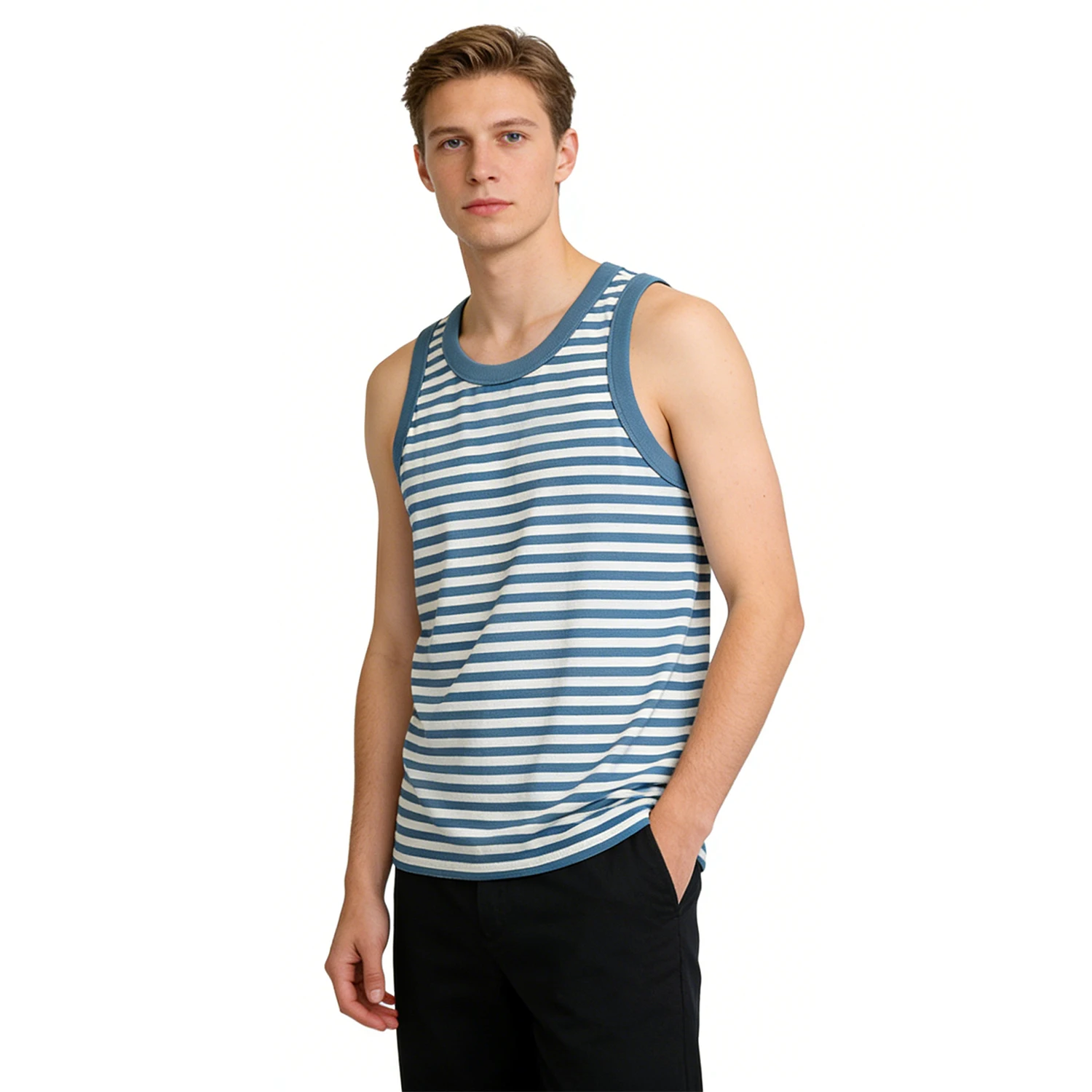 Amekaji Vintage Breton Striped Tank Top Summer Men Lightweight Cotton Color Block Crew Neck Loose Vest Sailor Sleeveless T-Shirt
