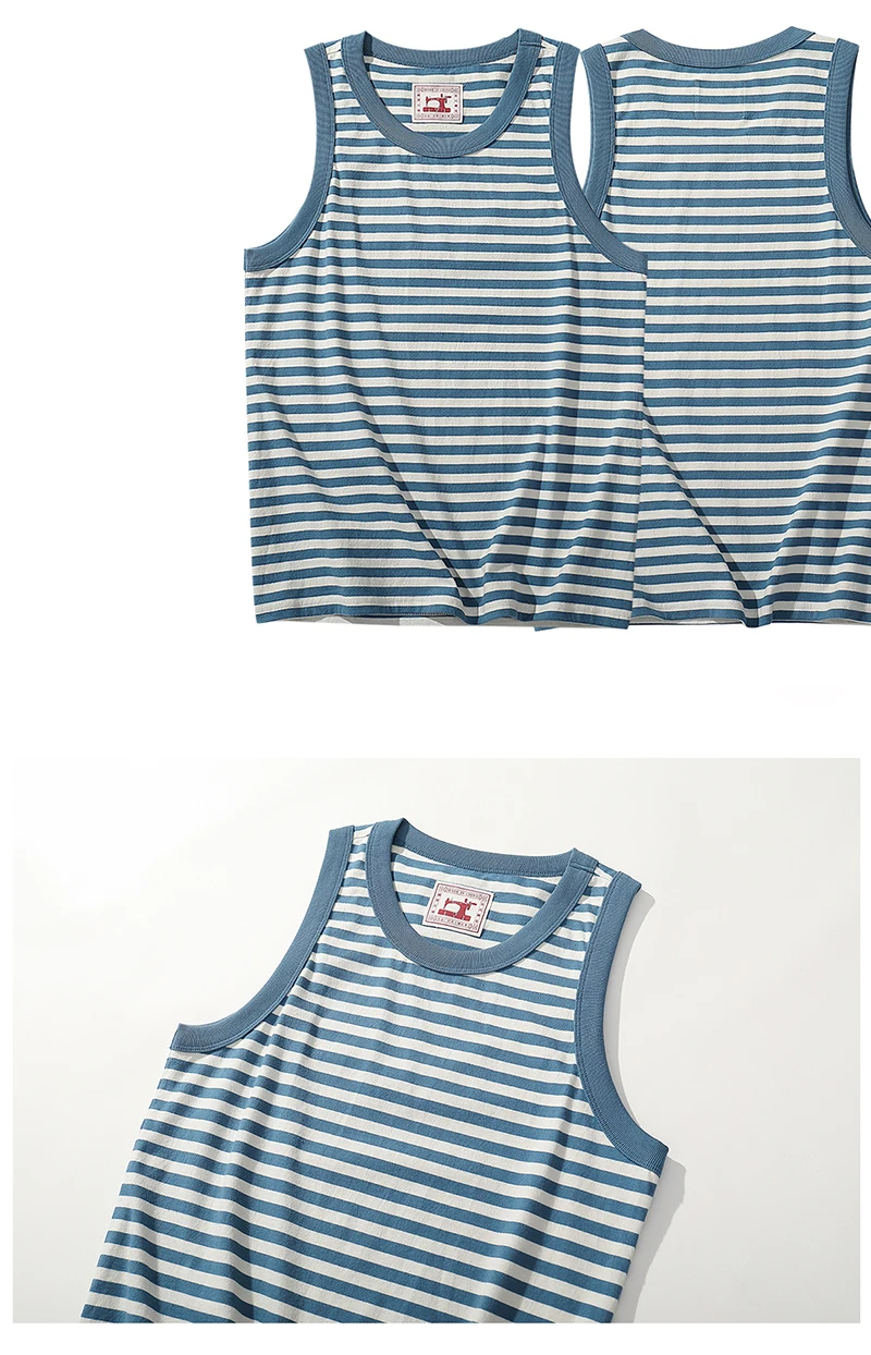 Amekaji Vintage Breton Striped Tank Top Summer Men Lightweight Cotton Color Block Crew Neck Loose Vest Sailor Sleeveless T-Shirt