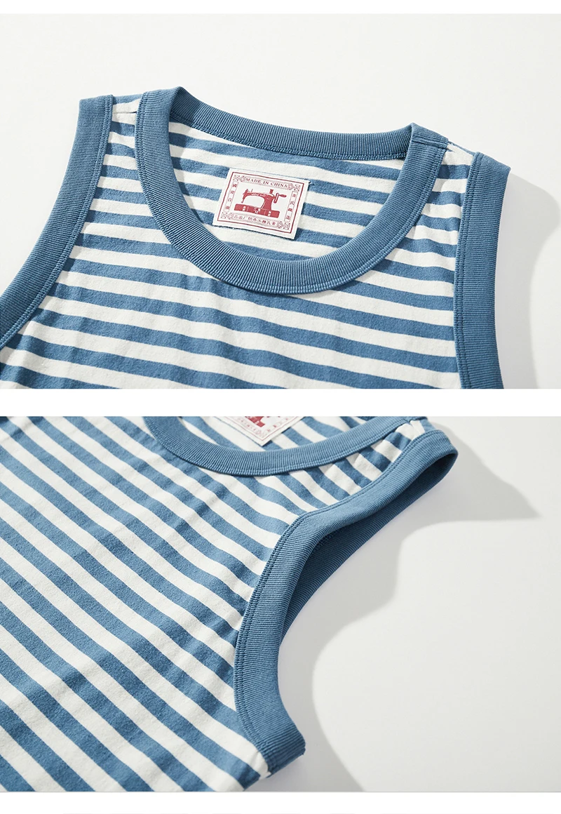 Amekaji Vintage Breton Striped Tank Top Summer Men Lightweight Cotton Color Block Crew Neck Loose Vest Sailor Sleeveless T-Shirt