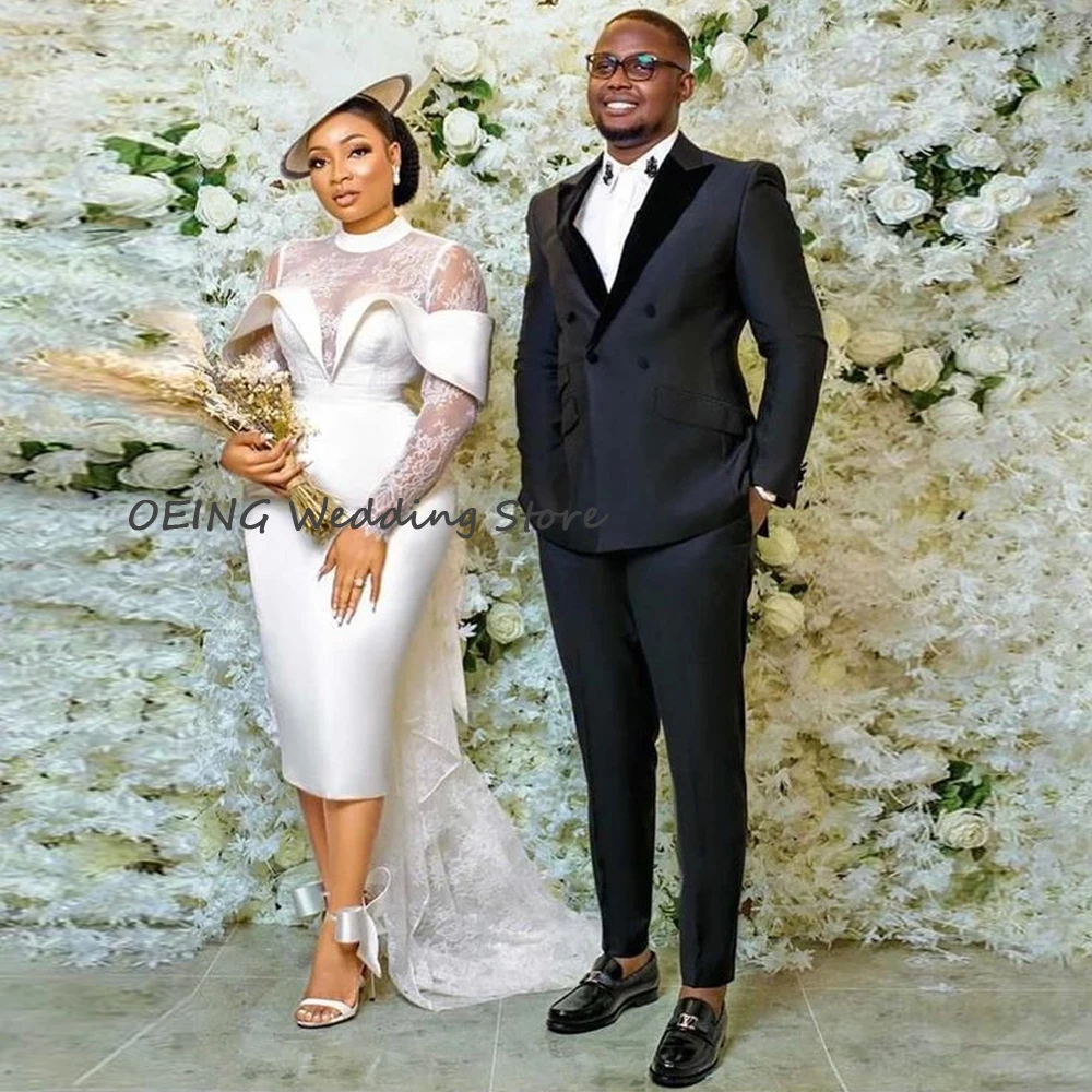 Customized Modern Wedding Dress Sheath High Collar Lace Long Sleeves Short Wedding Gown Lace Up Tea Length Elegant Bridal Dress