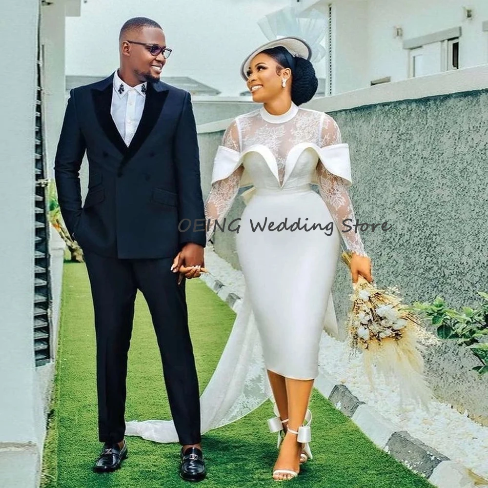 Customized Modern Wedding Dress Sheath High Collar Lace Long Sleeves Short Wedding Gown Lace Up Tea Length Elegant Bridal Dress
