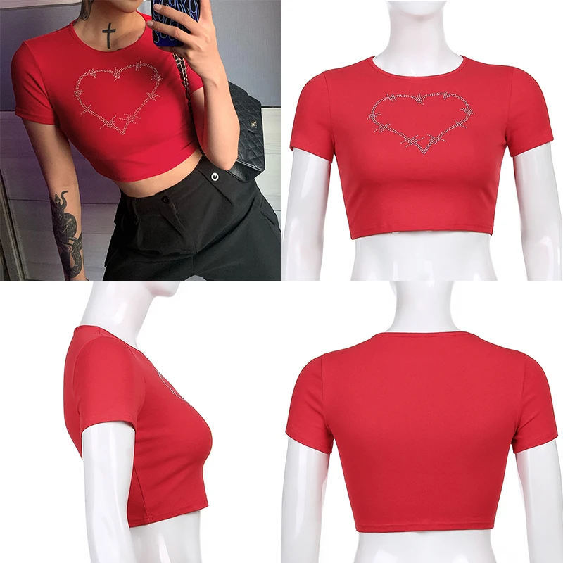 Y2k Sexy Punk Vintage Goth Black T Shirt Summer Clothes For Women Fashion Rhinestone Crop Top O-neck Short Sleeve Tee Streetwear