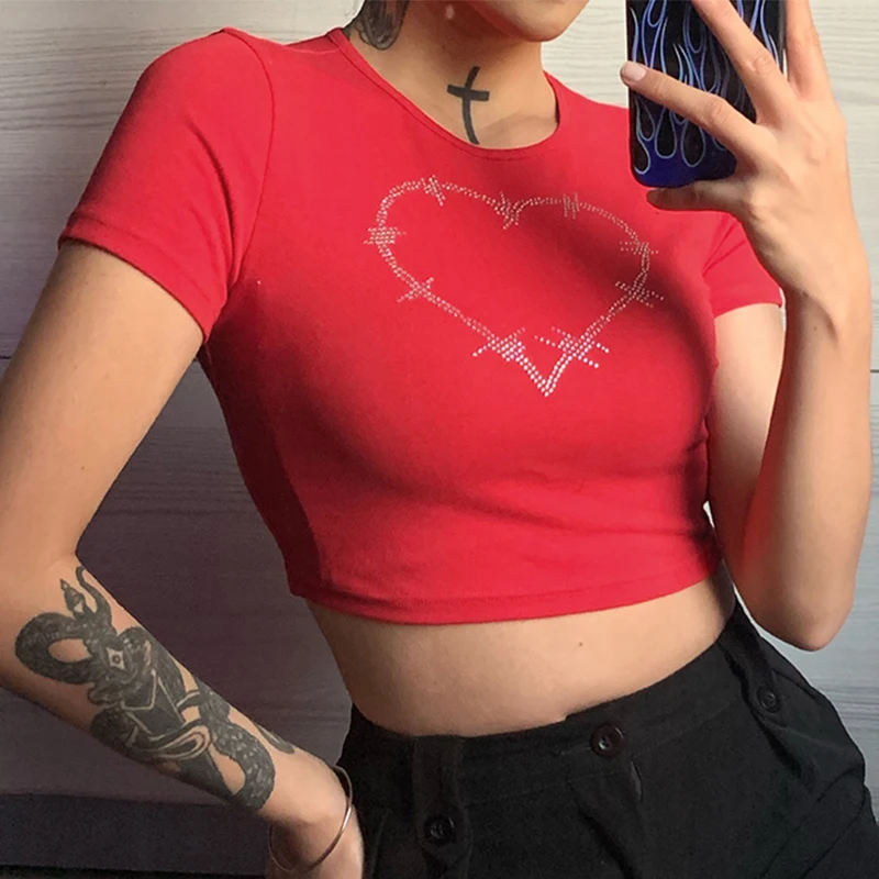 Y2k Sexy Punk Vintage Goth Black T Shirt Summer Clothes For Women Fashion Rhinestone Crop Top O-neck Short Sleeve Tee Streetwear