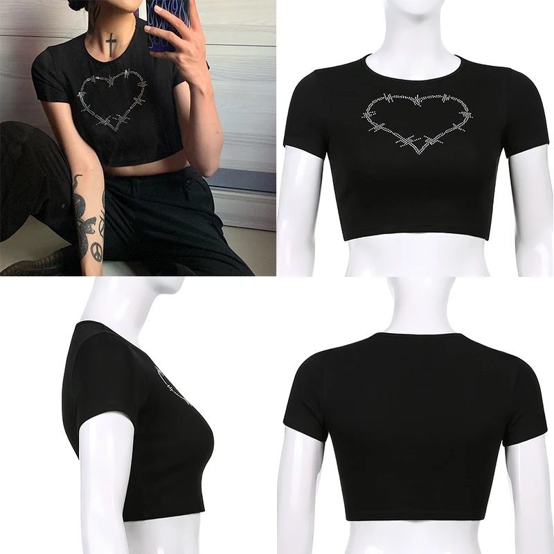 Y2k Sexy Punk Vintage Goth Black T Shirt Summer Clothes For Women Fashion Rhinestone Crop Top O-neck Short Sleeve Tee Streetwear