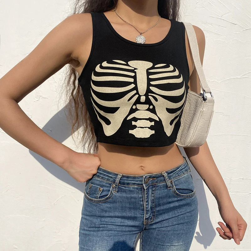 Y2k Sexy Punk Vintage Goth Black T Shirt Summer Clothes For Women Fashion Rhinestone Crop Top O-neck Short Sleeve Tee Streetwear