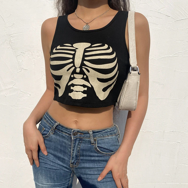 Y2k Sexy Punk Vintage Goth Black T Shirt Summer Clothes For Women Fashion Rhinestone Crop Top O-neck Short Sleeve Tee Streetwear