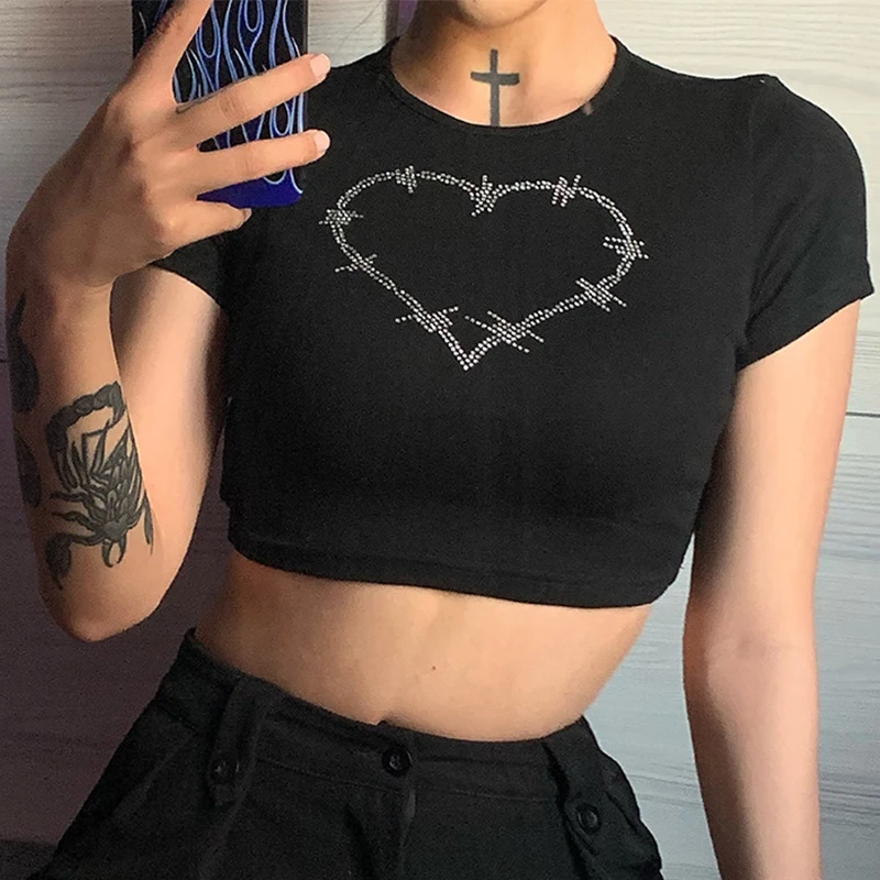 Y2k Sexy Punk Vintage Goth Black T Shirt Summer Clothes For Women Fashion Rhinestone Crop Top O-neck Short Sleeve Tee Streetwear