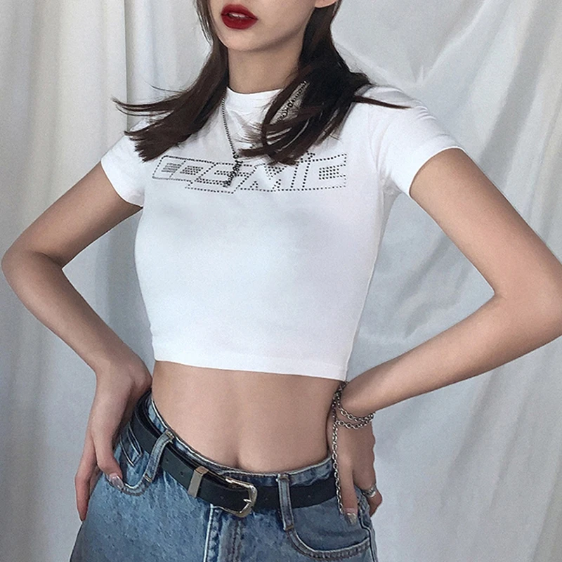 Y2k Sexy Punk Vintage Goth Black T Shirt Summer Clothes For Women Fashion Rhinestone Crop Top O-neck Short Sleeve Tee Streetwear