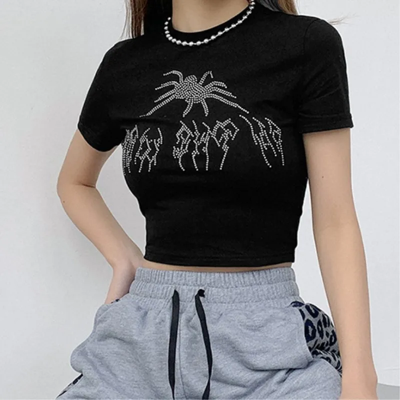 Y2k Sexy Punk Vintage Goth Black T Shirt Summer Clothes For Women Fashion Rhinestone Crop Top O-neck Short Sleeve Tee Streetwear