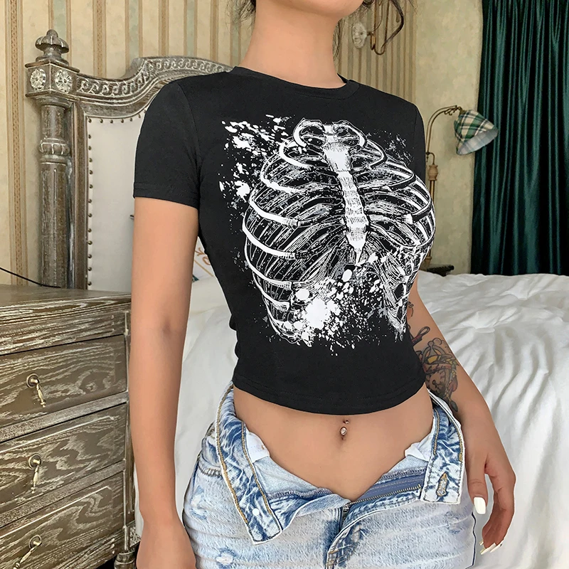 Y2k Sexy Punk Vintage Goth Black T Shirt Summer Clothes For Women Fashion Rhinestone Crop Top O-neck Short Sleeve Tee Streetwear