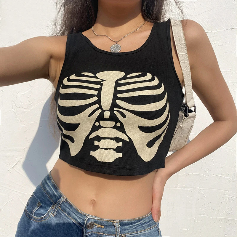 Y2k Sexy Punk Vintage Goth Black T Shirt Summer Clothes For Women Fashion Rhinestone Crop Top O-neck Short Sleeve Tee Streetwear