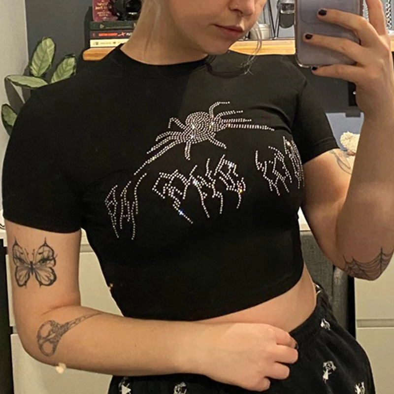 Y2k Sexy Punk Vintage Goth Black T Shirt Summer Clothes For Women Fashion Rhinestone Crop Top O-neck Short Sleeve Tee Streetwear