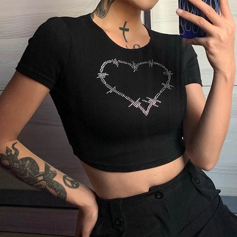 Y2k Sexy Punk Vintage Goth Black T Shirt Summer Clothes For Women Fashion Rhinestone Crop Top O-neck Short Sleeve Tee Streetwear