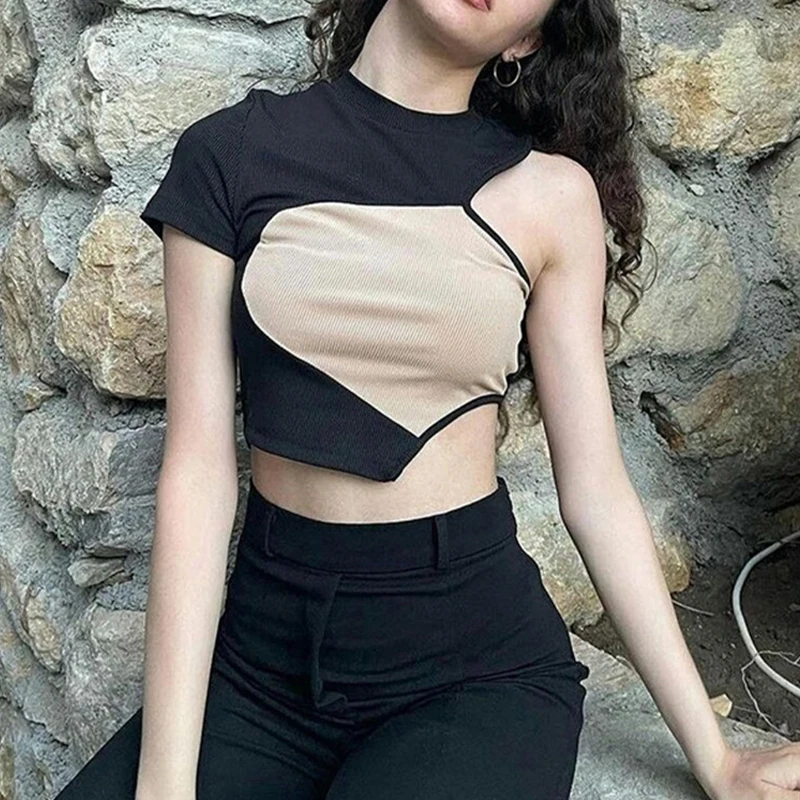 Y2k Sexy Punk Vintage Goth Black T Shirt Summer Clothes For Women Fashion Rhinestone Crop Top O-neck Short Sleeve Tee Streetwear