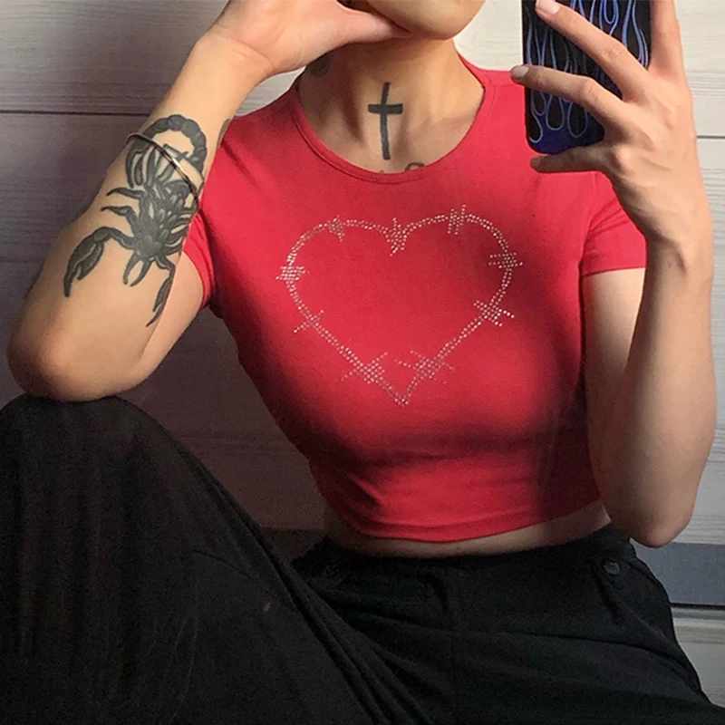 Y2k Sexy Punk Vintage Goth Black T Shirt Summer Clothes For Women Fashion Rhinestone Crop Top O-neck Short Sleeve Tee Streetwear
