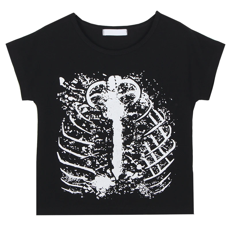 Y2k Sexy Punk Vintage Goth Black T Shirt Summer Clothes For Women Fashion Rhinestone Crop Top O-neck Short Sleeve Tee Streetwear