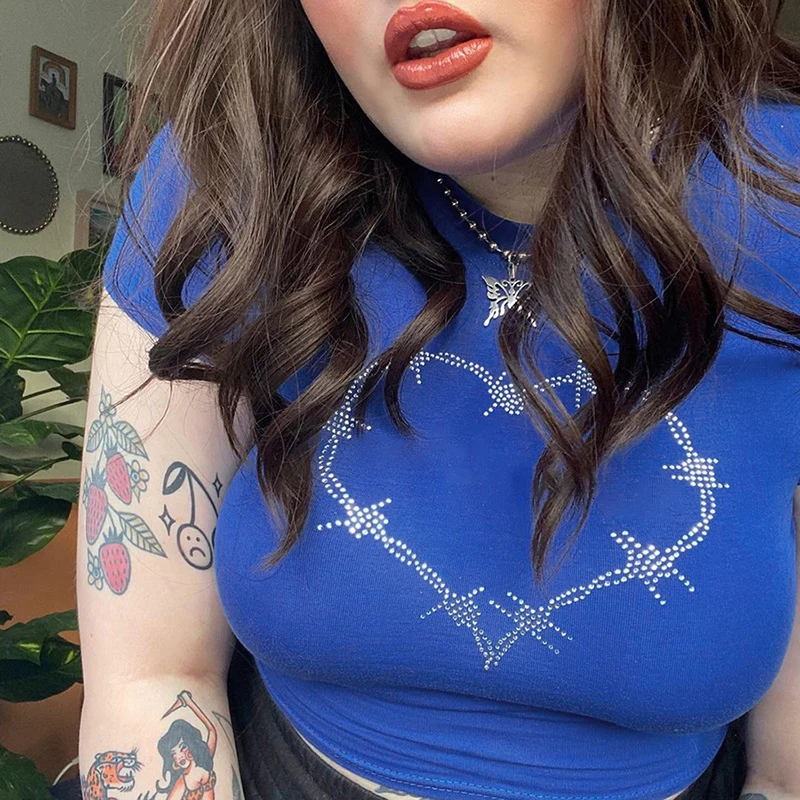 Y2k Sexy Punk Vintage Goth Black T Shirt Summer Clothes For Women Fashion Rhinestone Crop Top O-neck Short Sleeve Tee Streetwear