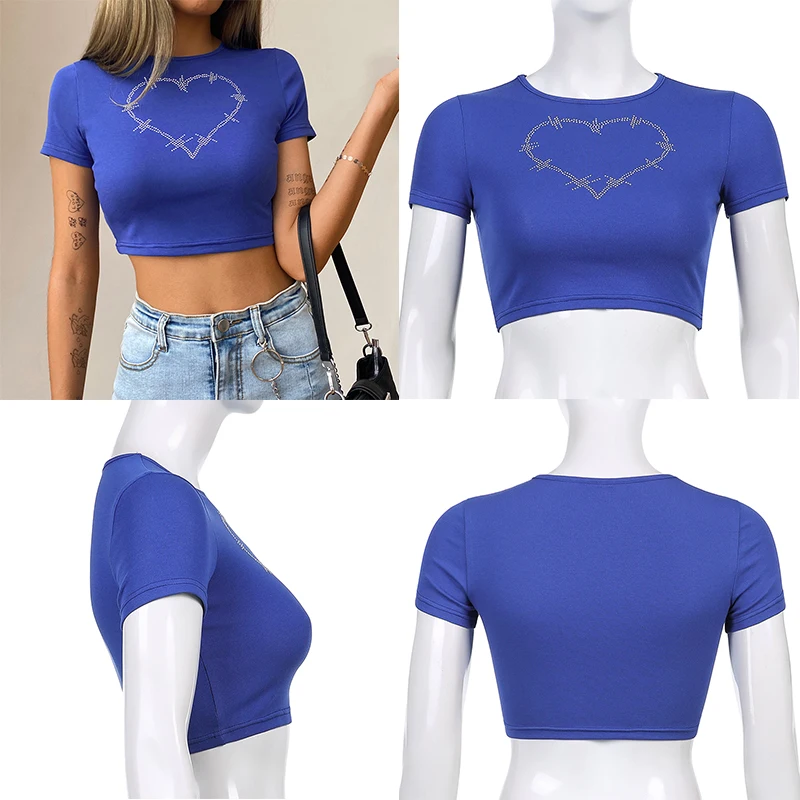 Y2k Sexy Punk Vintage Goth Black T Shirt Summer Clothes For Women Fashion Rhinestone Crop Top O-neck Short Sleeve Tee Streetwear