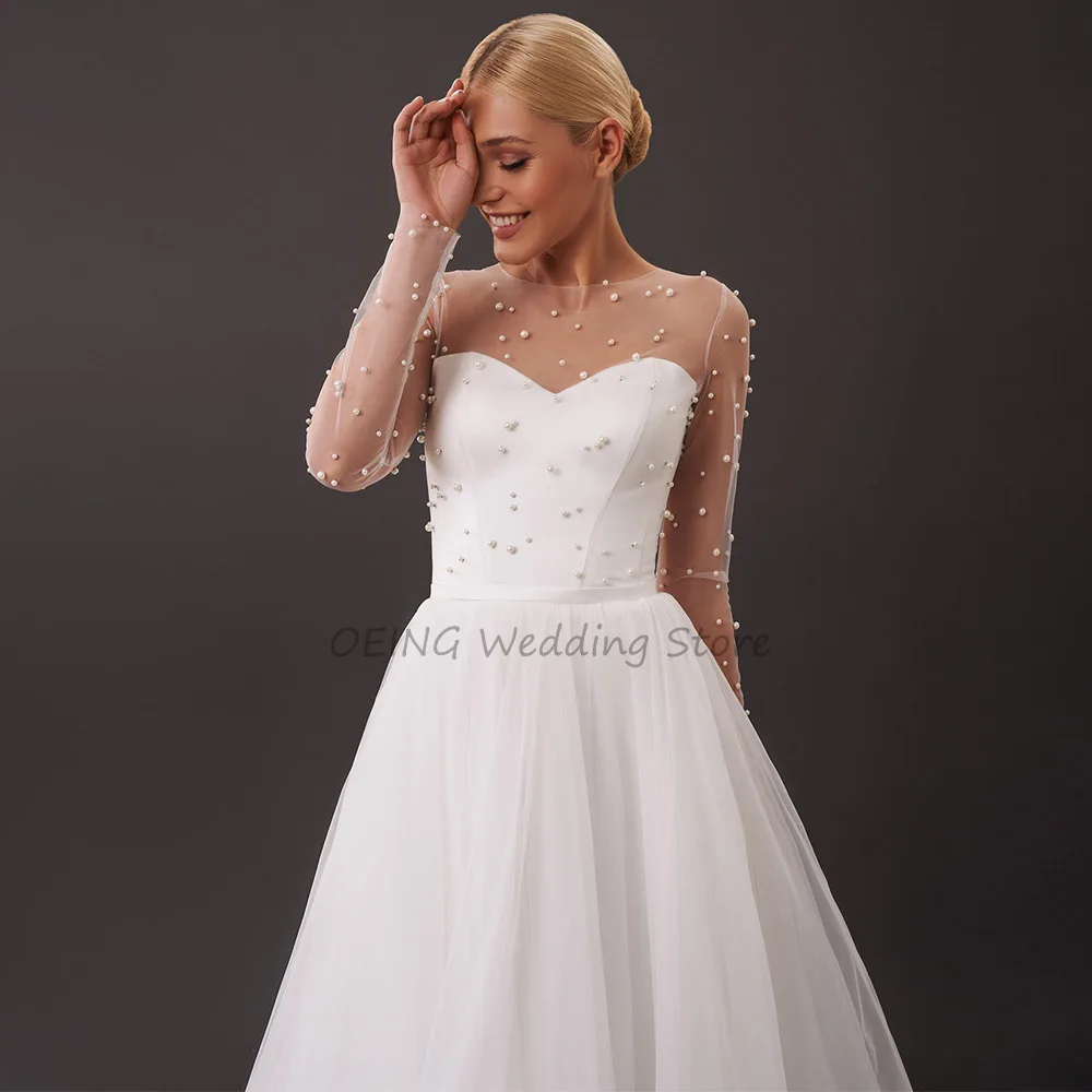 Wedding Dress 2023 Pearls O Neck Illusion Tea Length Short Bridal Dress White Tulle A Line Simple Midi Wedding Gown Long Sleeves